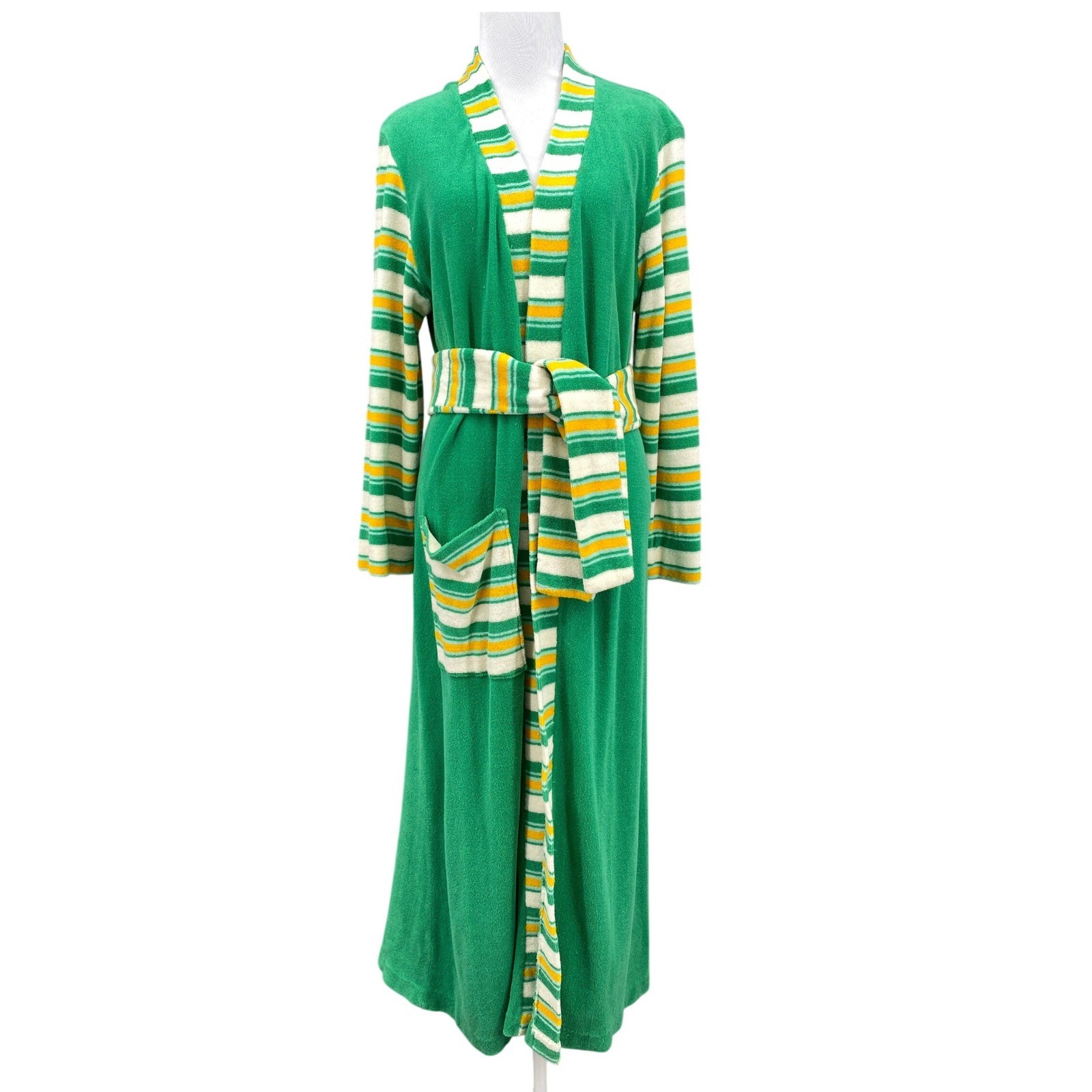 VTG 70s Terry Cloth Robe Green Yellow Striped Maxi Belted Loungewear M-XL Unisex