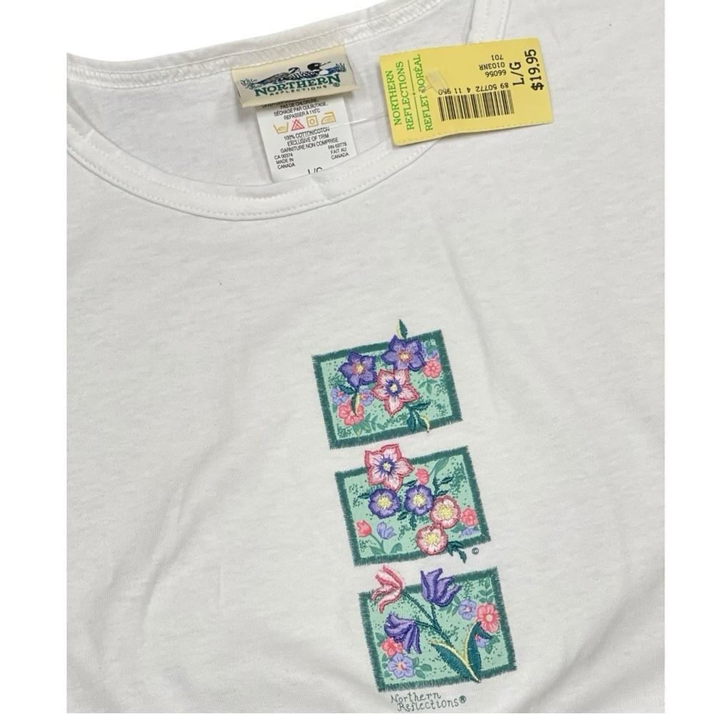 Vintage NWT Northern Reflections Embroidered Flowers Tee T-Shirt L