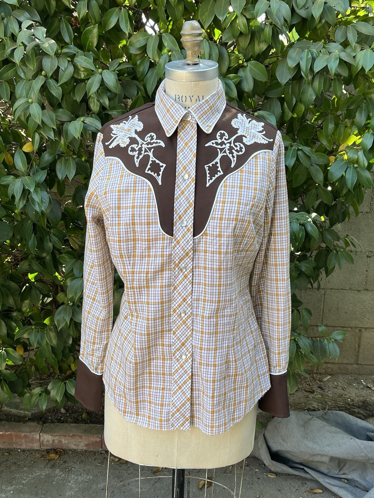 Vintage 70s H Bar C California Ranchwear Embroidered Shirt Women 36 Brown Plaid