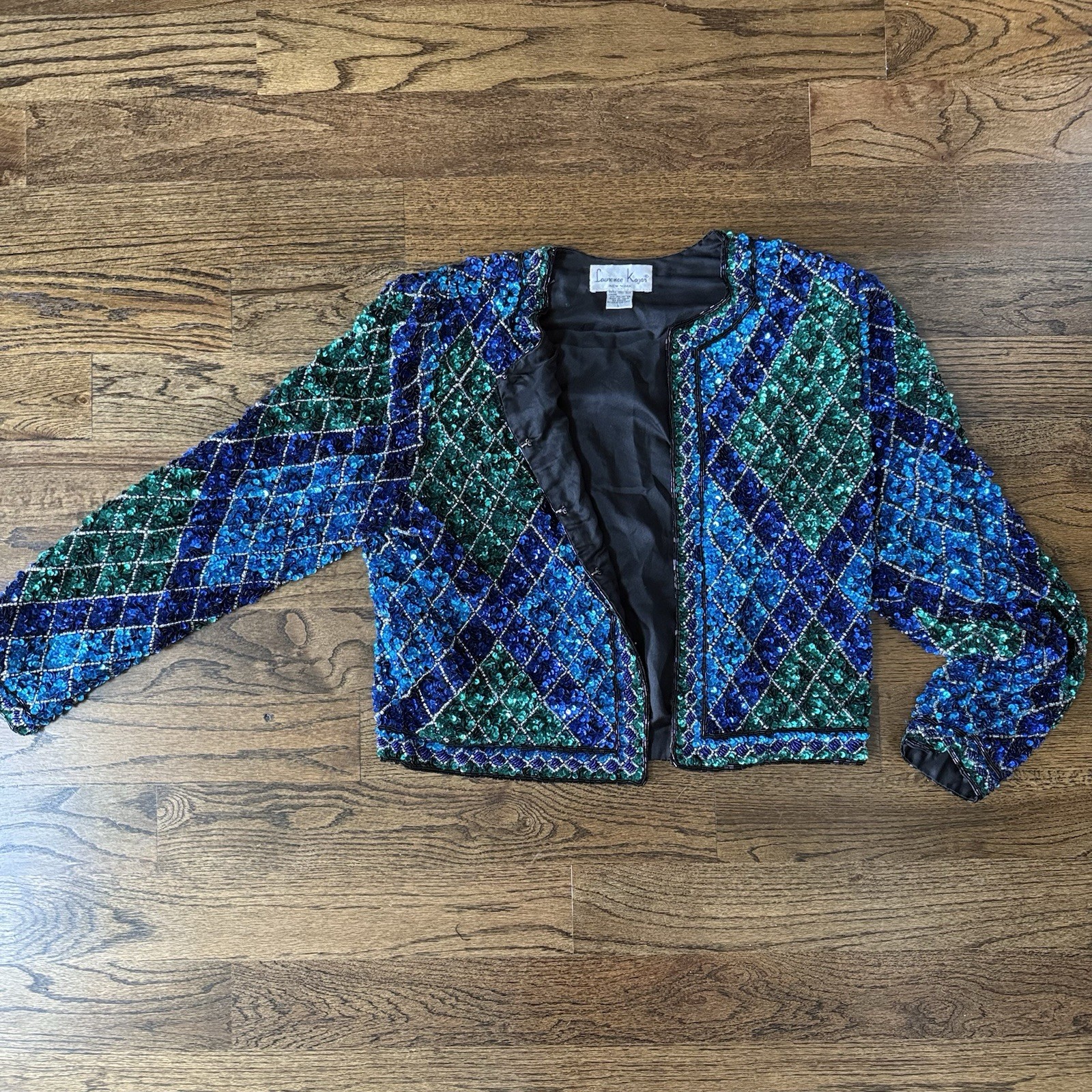 Vintage Lawrence Kazar Sequin Beaded Silk Jacket Blue Green Argyle Cropped L