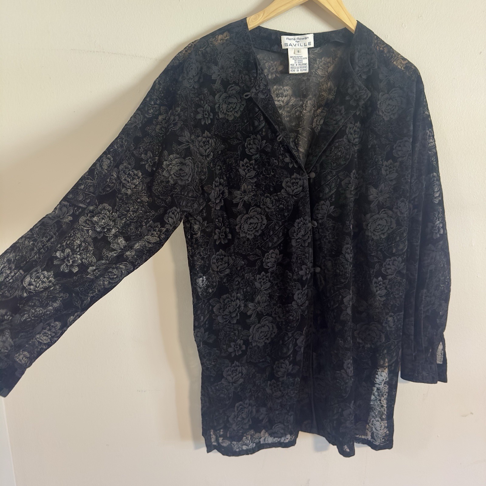 Vintage 90s Rena Rowan Saville Black Velvet Lace Long Sleeve Tunic Goth Biker 8