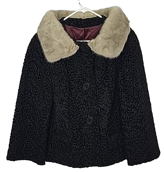 Astrakin Lepshire Coat Women Large Black Curly Lamb Wool Real Fur Vintage 1950s