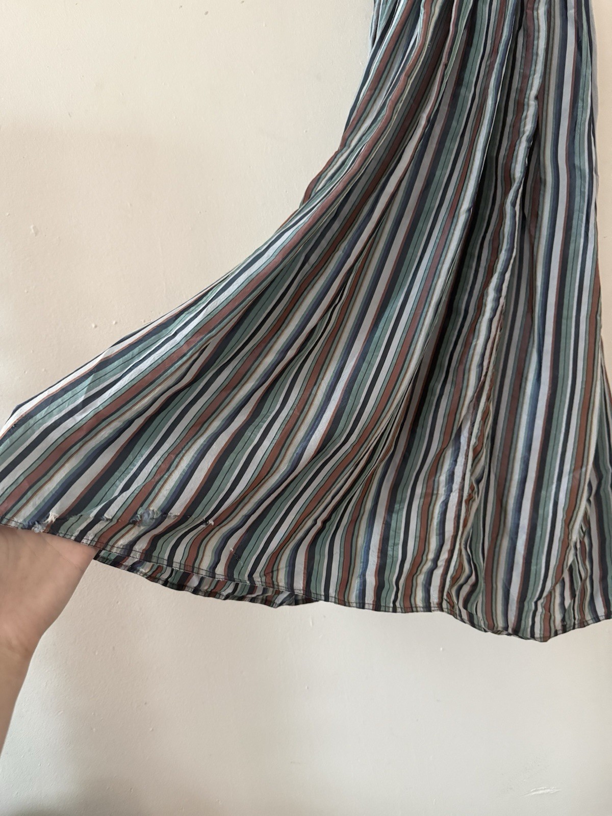 Vintage 40s Rayon Maxi Dress Ruched Bodice Colorful Striped Full Sweep Skirt XXS