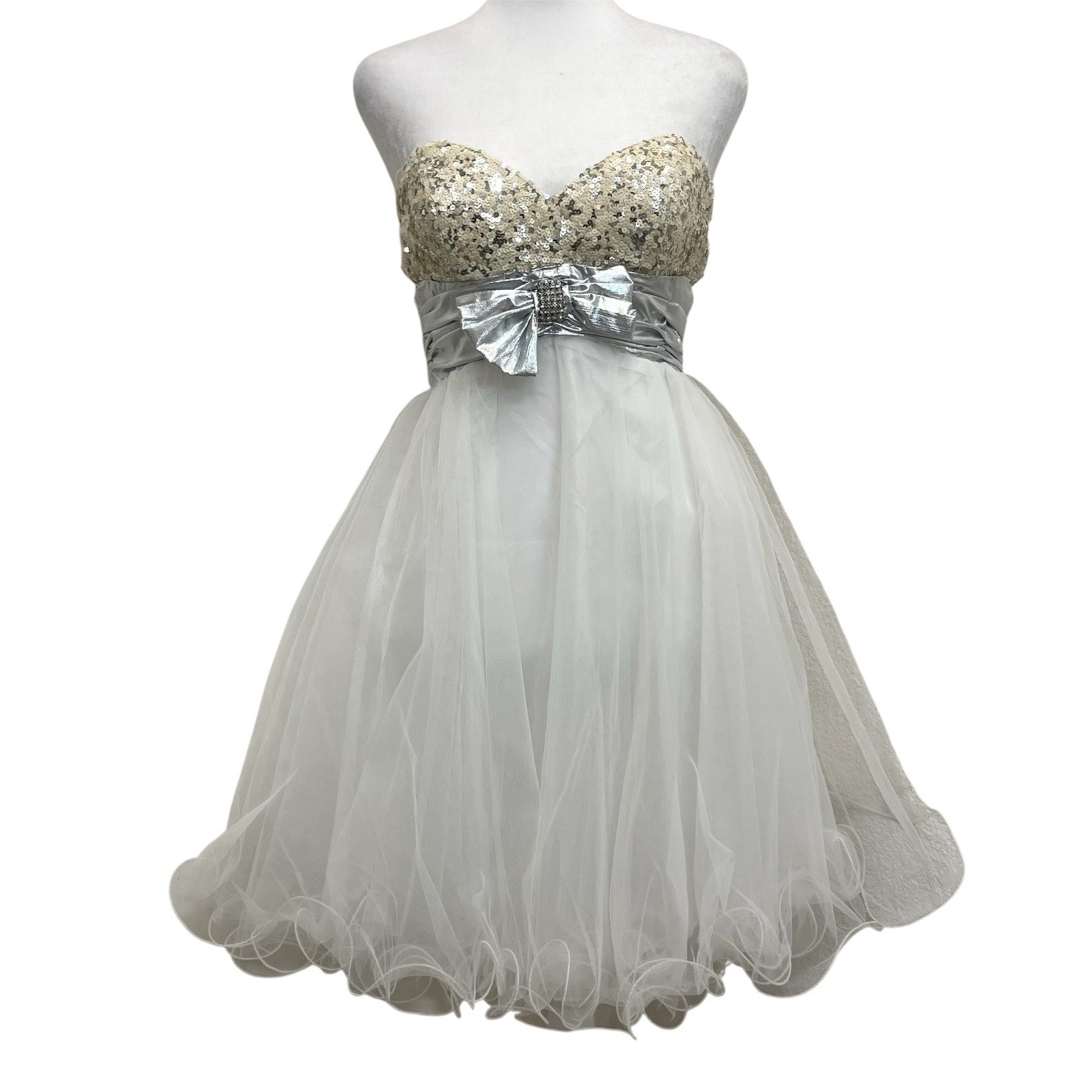 Aspeed Vintage 90s White & Silver Sequin Strapless Tulle Formal Prom Dress sz XS