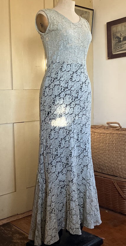 Vtg 1930’s Cotton Lace Gown / Dress w Jacket Light Grey/Blue