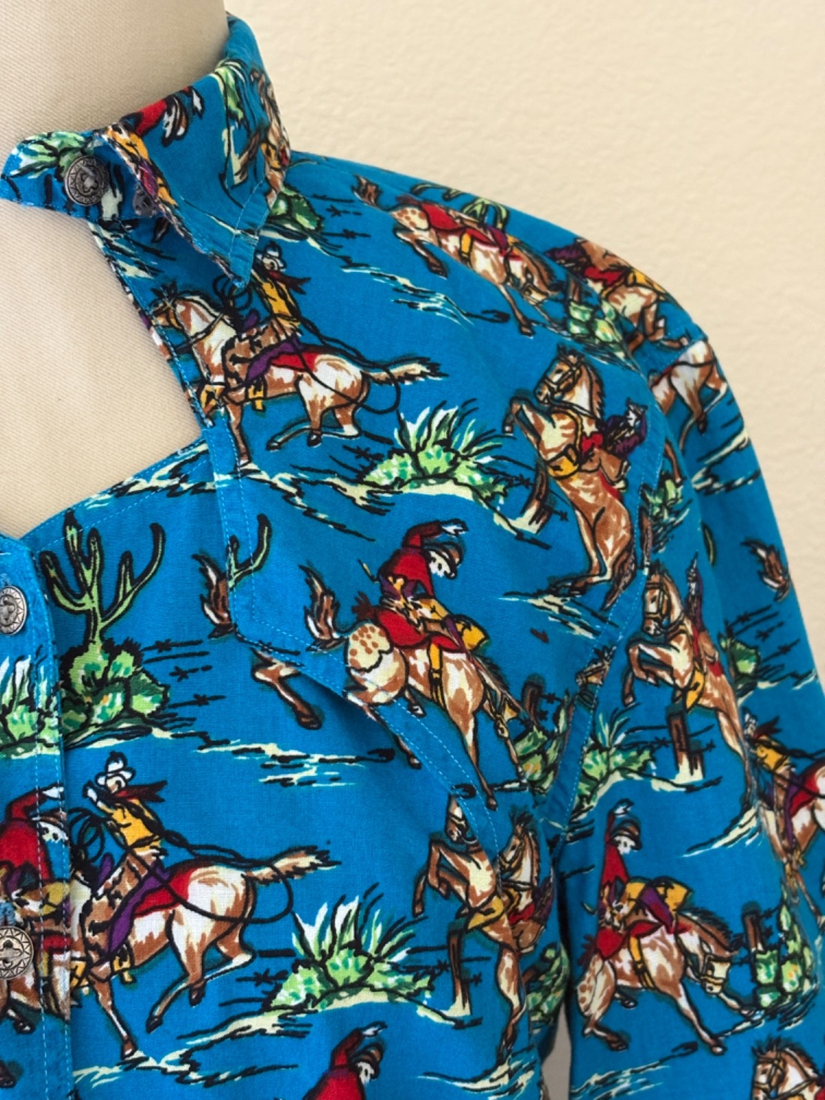 Vintage 90s Womens Western Wear Button down Blouse S Blue Rodeo Country Cowgirl