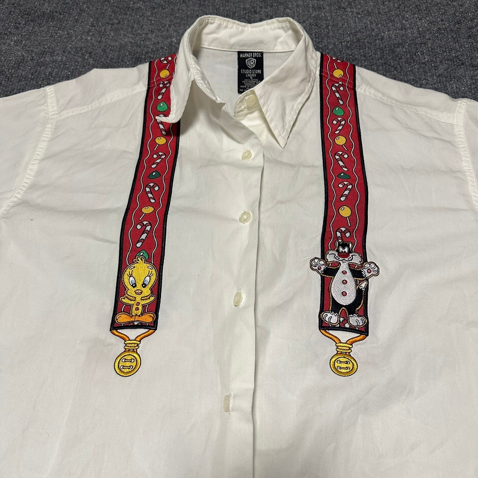Warner Bros Looney Tunes Christmas Suspenders Shirt White Vintage Tweety Taz S