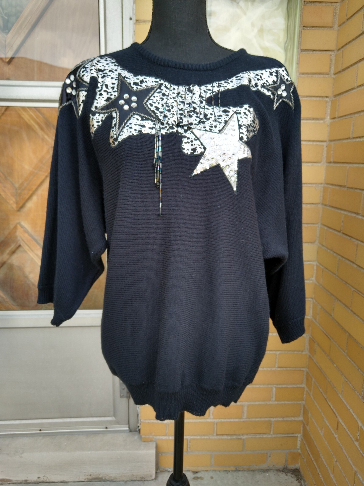 Vintage 80’s womens sweater black silver beaded star disco rhinestone M/L