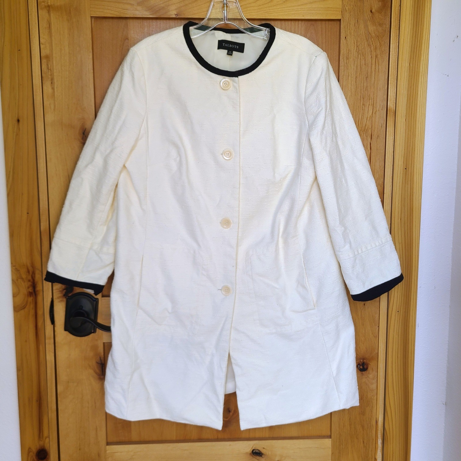 Talbots Sz 14 Cream Cotton Blend Quiet Luxury Old Money Long Line Dress Coat