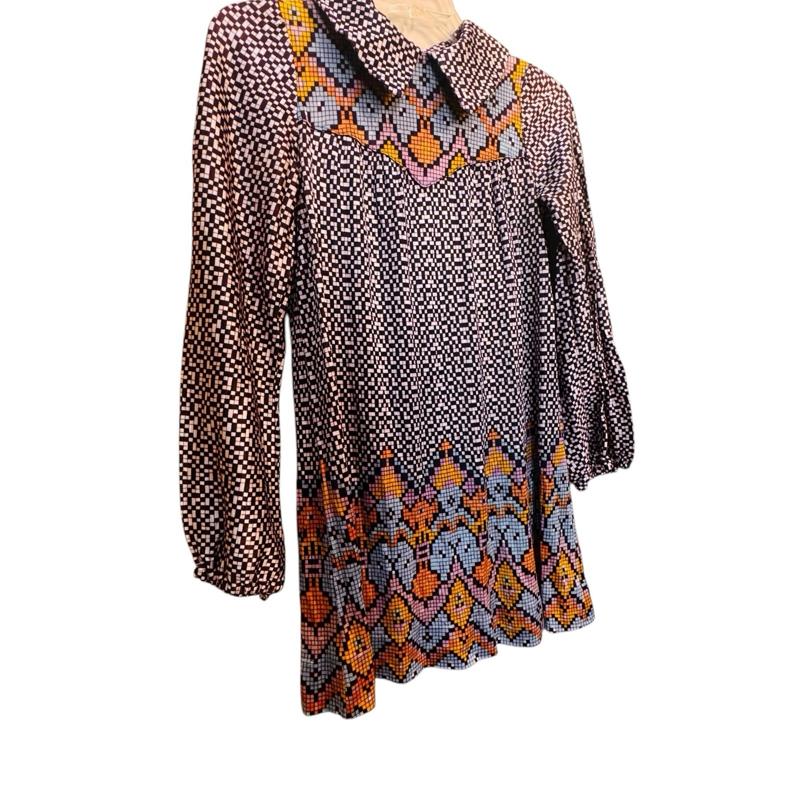 60s Vintage Mini Go Go Mod Geometrical Print Dagger Collar Twiggy Shift Dress S