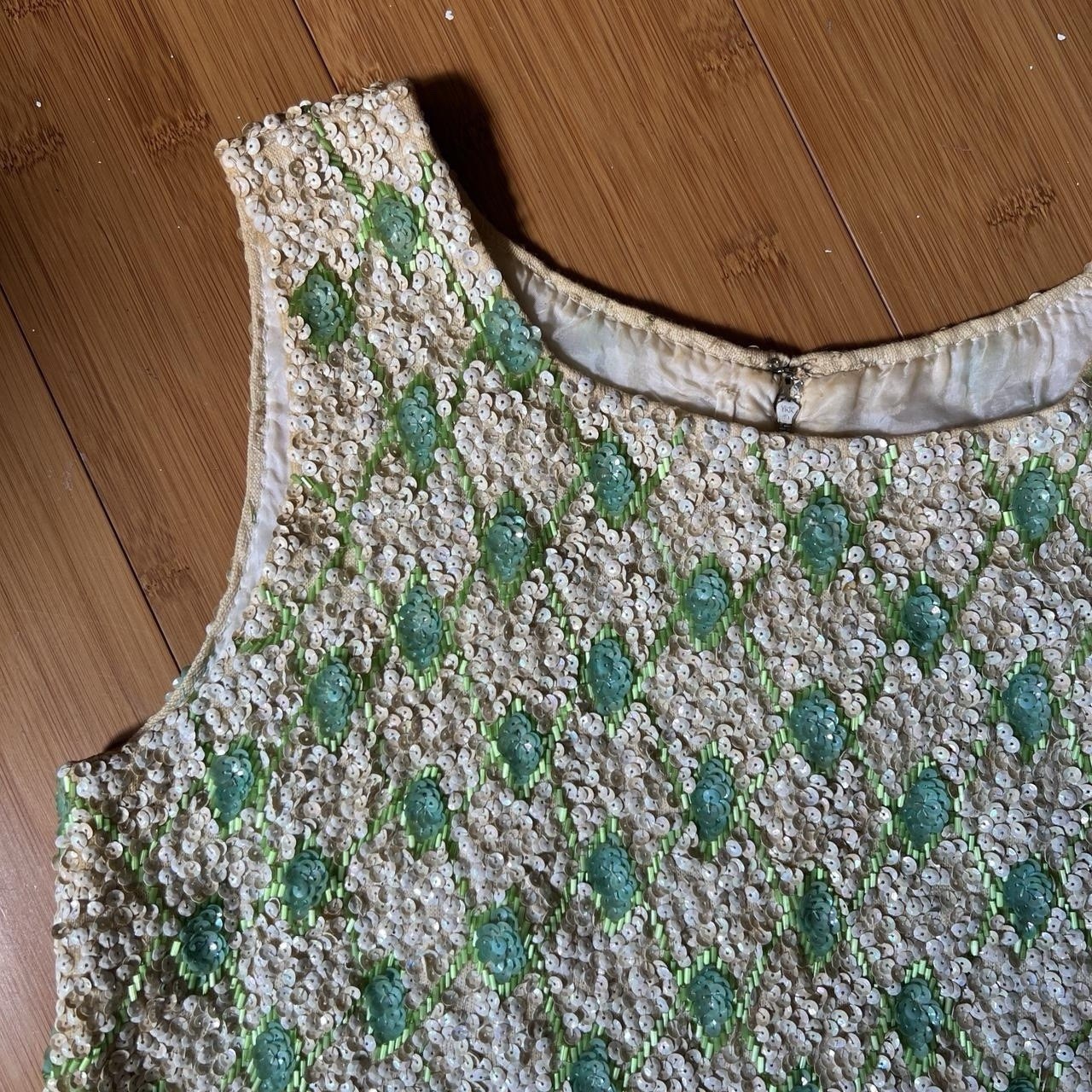 Vintage 60s Ivory + Green Sequined Embellished Sleeveless Top