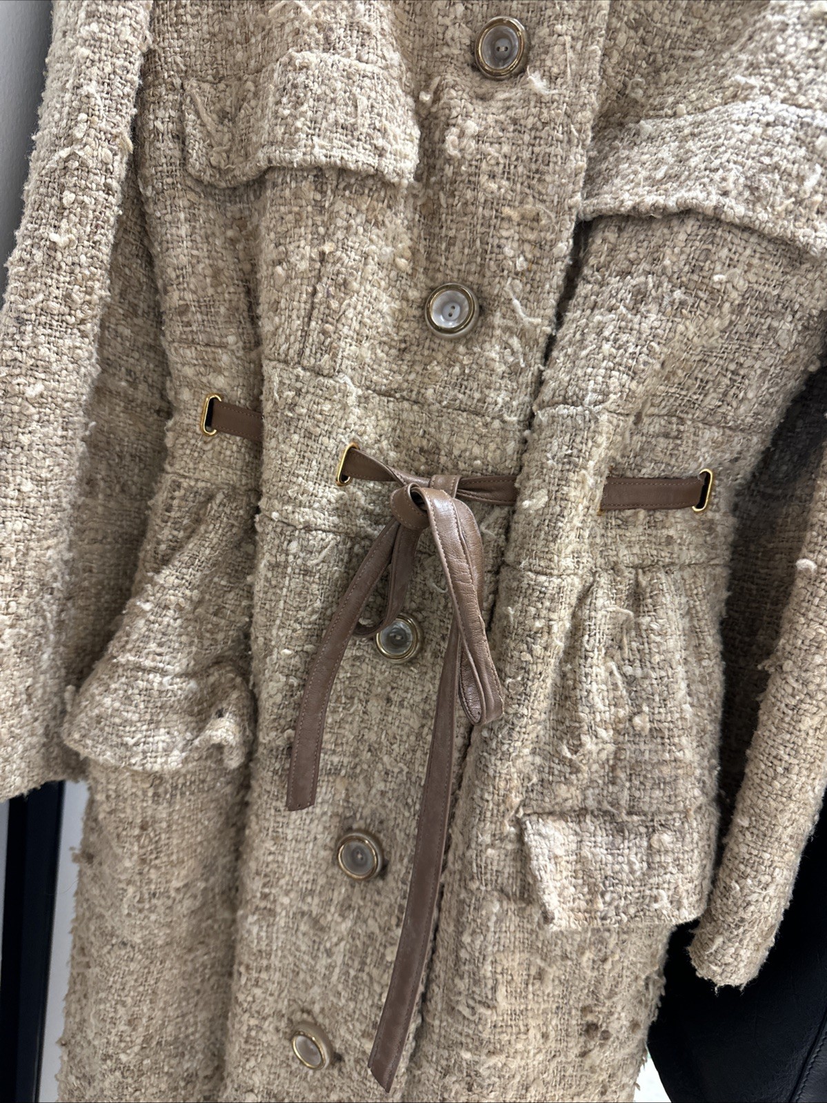VINTAGE NEIMAN-MARCUS PIETRO Womens Suit Cream Brown Silk Wool Leather With Belt