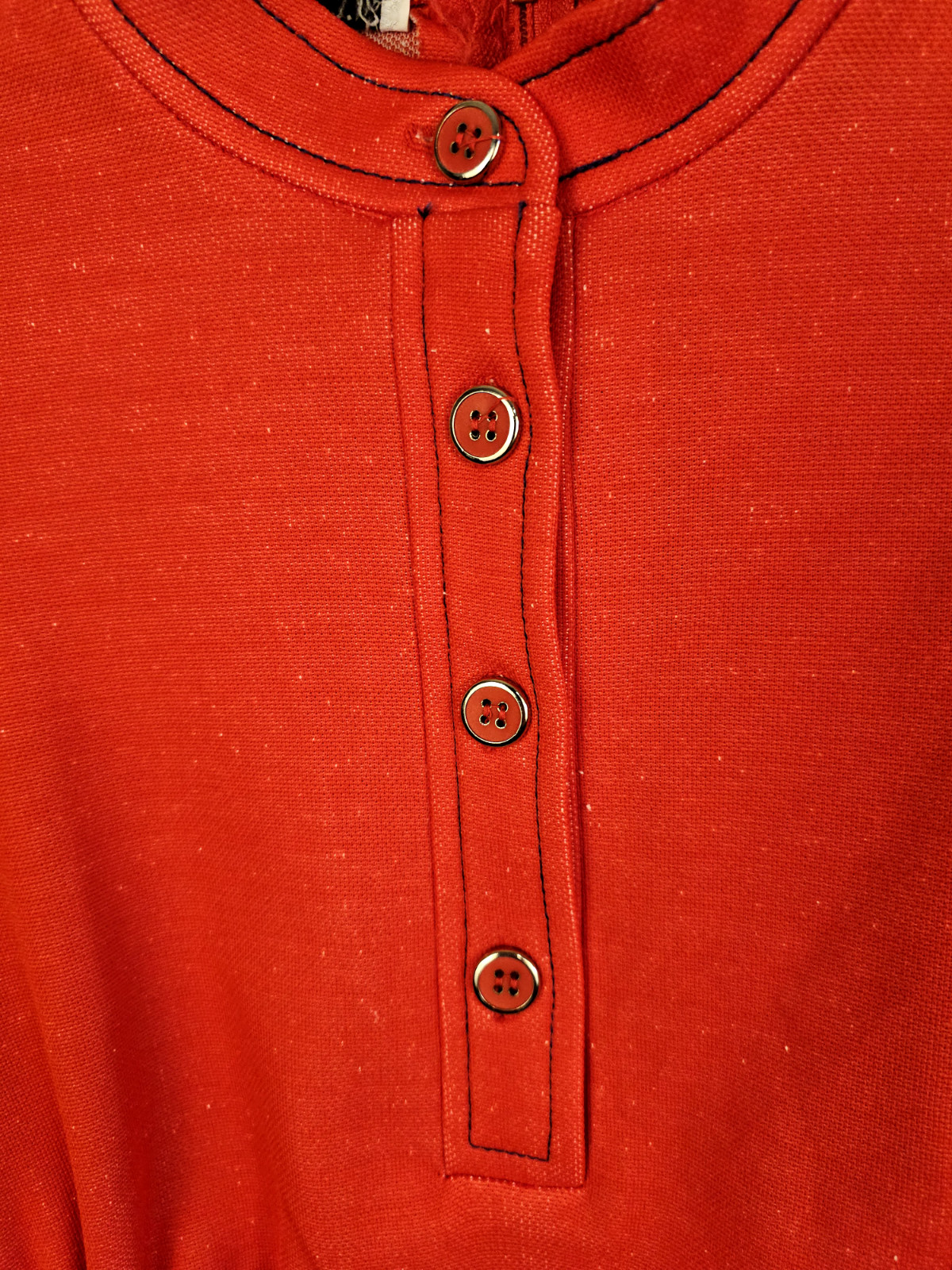 Vintage 1960s Red Polyester Dress With Mandarin Collar Front Circle Pockets 6