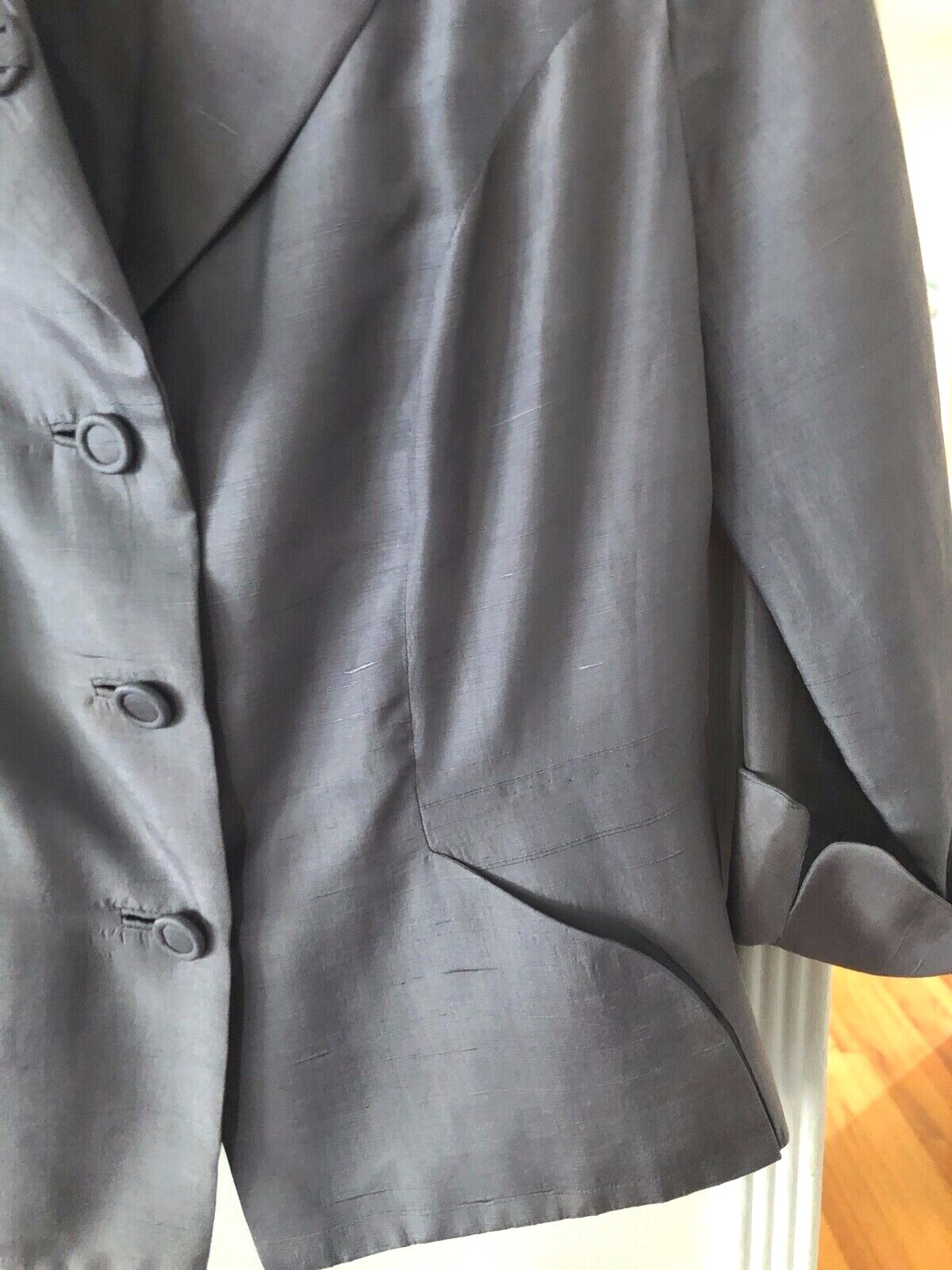 Vtg 40s LE VINE Silver RAW SILK Rhinestone BOW Cuff NIPPED WAIST JACKET Blazer M