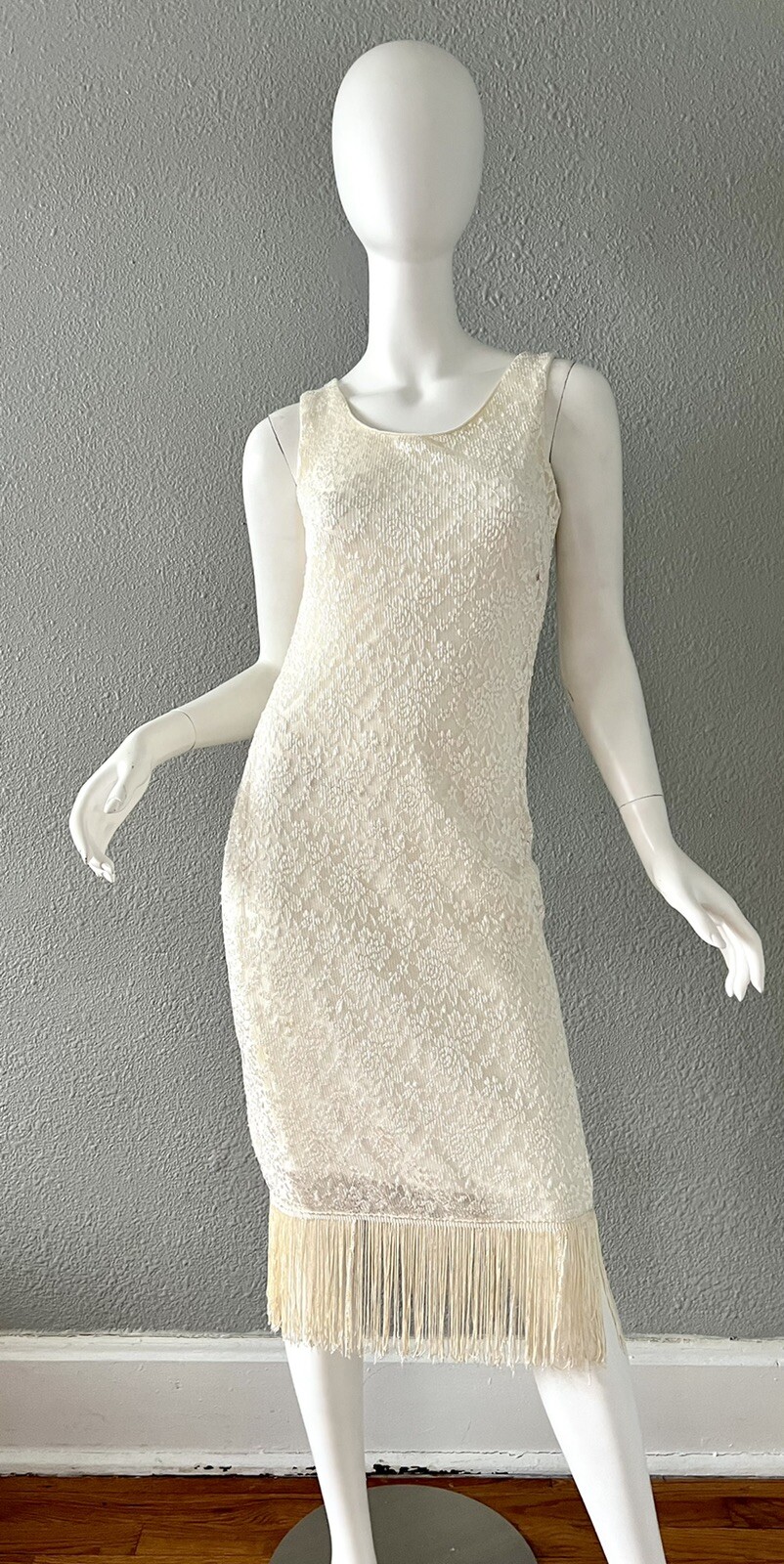 Vintage Cream Sheer Lace Fringe Dress