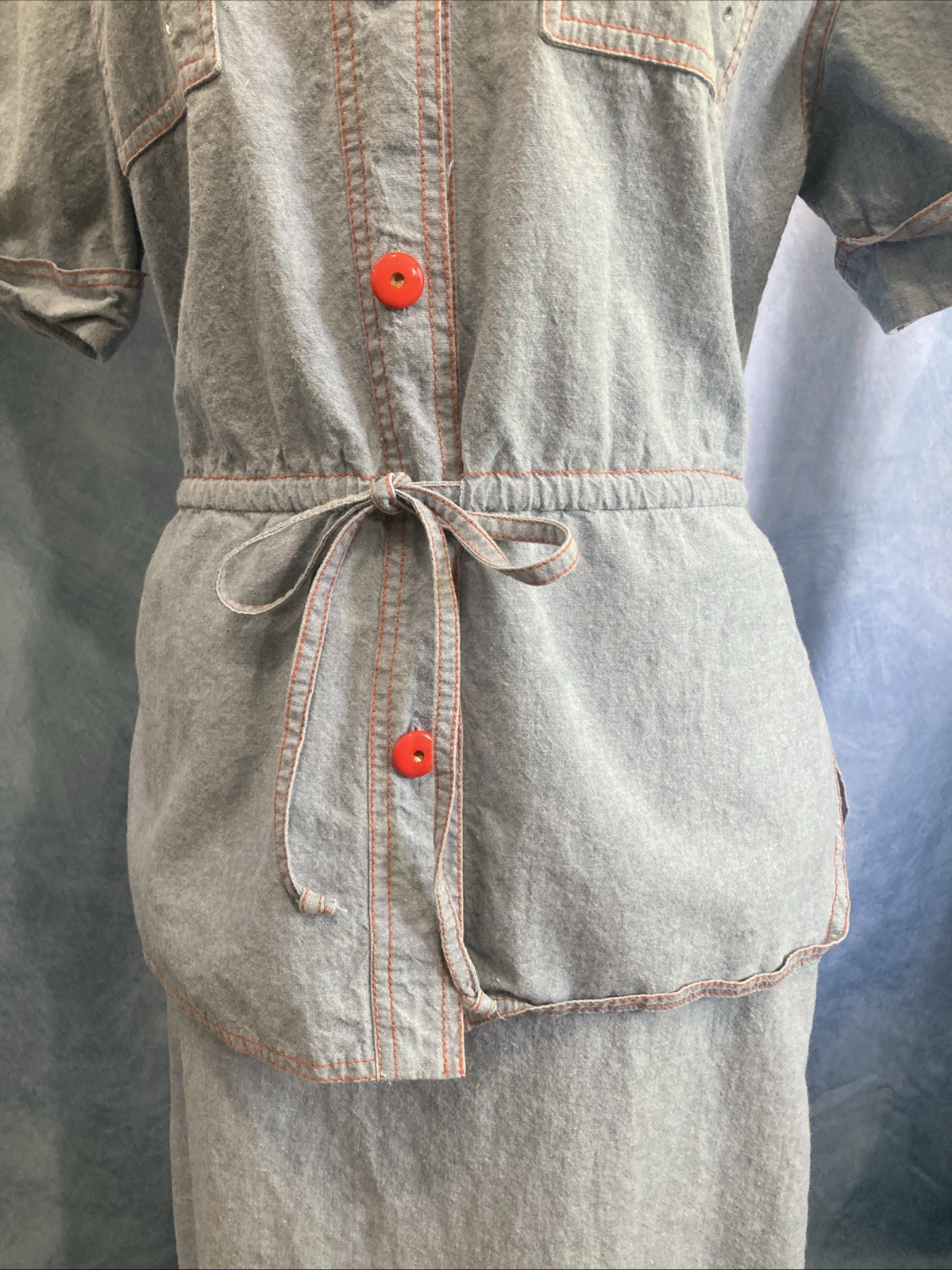 Vtg 80s Utility Blouse Midi Skirt Set Red Contrast Chambray Safari Separates 10