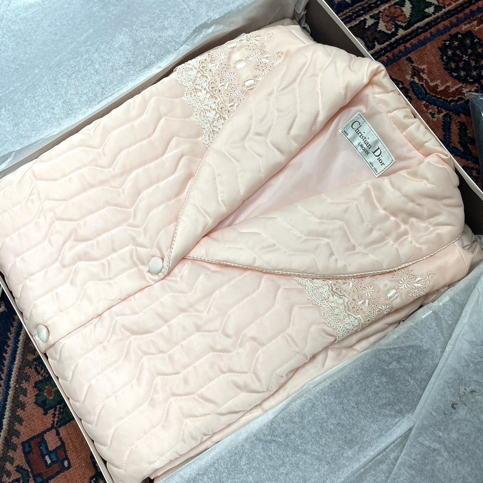 VINTAGE Christian Dior Lingerie Satin Lace Quilted Robe House Coat Sissy NOS!