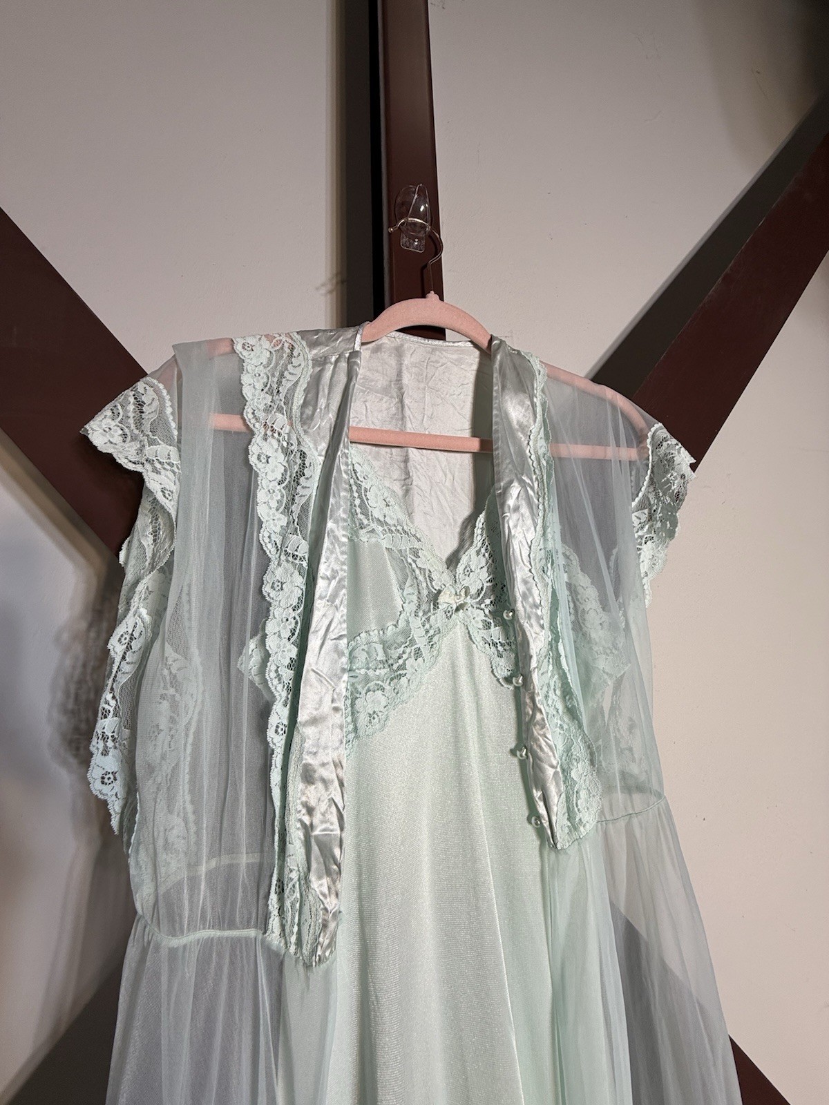 2pc 60s Vintage Nightgown PEIGNOIR Robe Set BABYDOLL Sheer CHIFFON Gown S/M Blue
