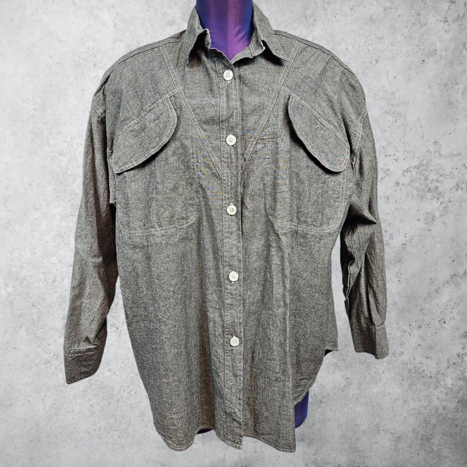 Vintage Avon Fashions Gray Cotton Western Button Down Shirt Flap Pockets Size 14