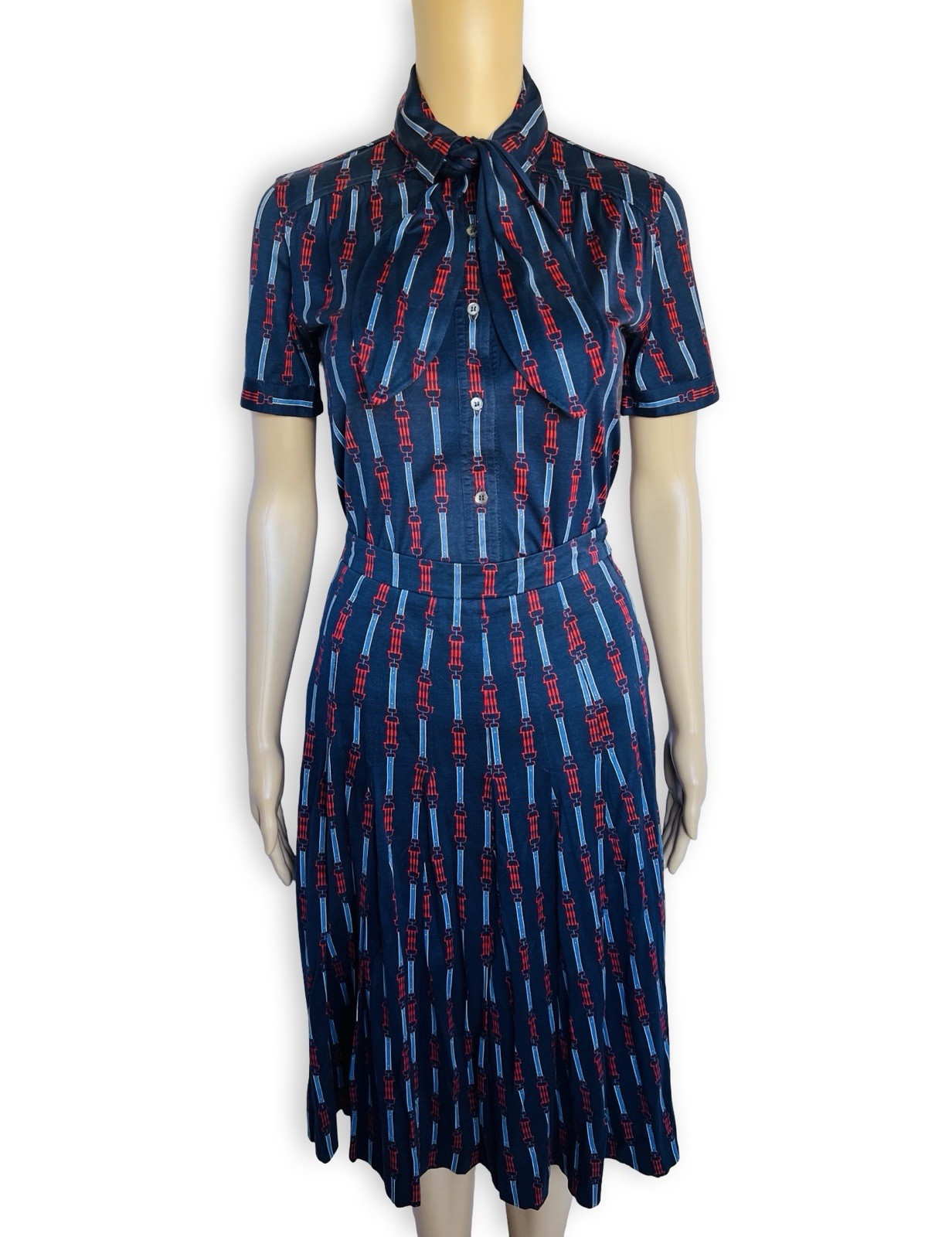 Vintage CÉLINE 1970s Equestrian Print Cotton Dress Two Piece Blouse Skirt Set XS