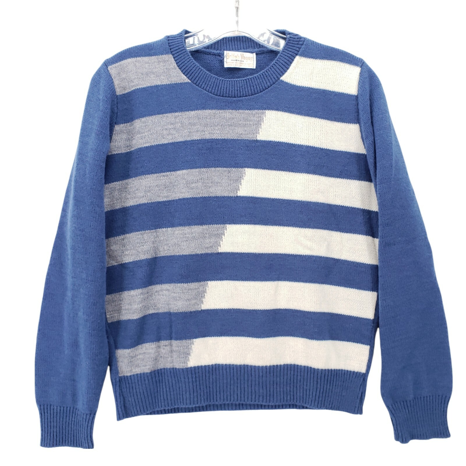 British Vogue Vintage Striped Sweater Blue Gray Ivory Colorblock Size Small EUC