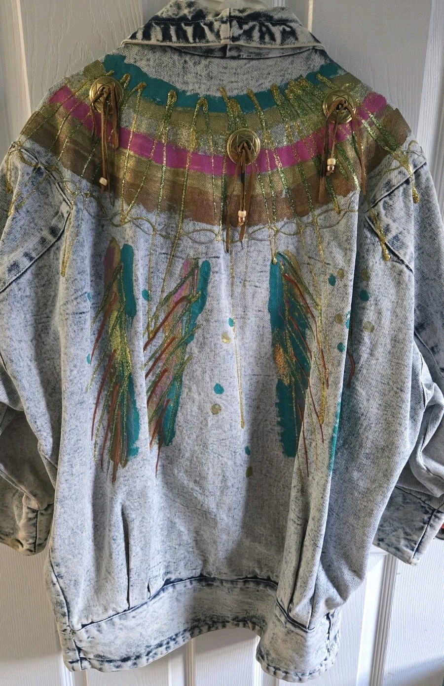 Vtg Copacabana Acid Wash Denim Jacket Hand Painted Fringe Western 90s Unisex L