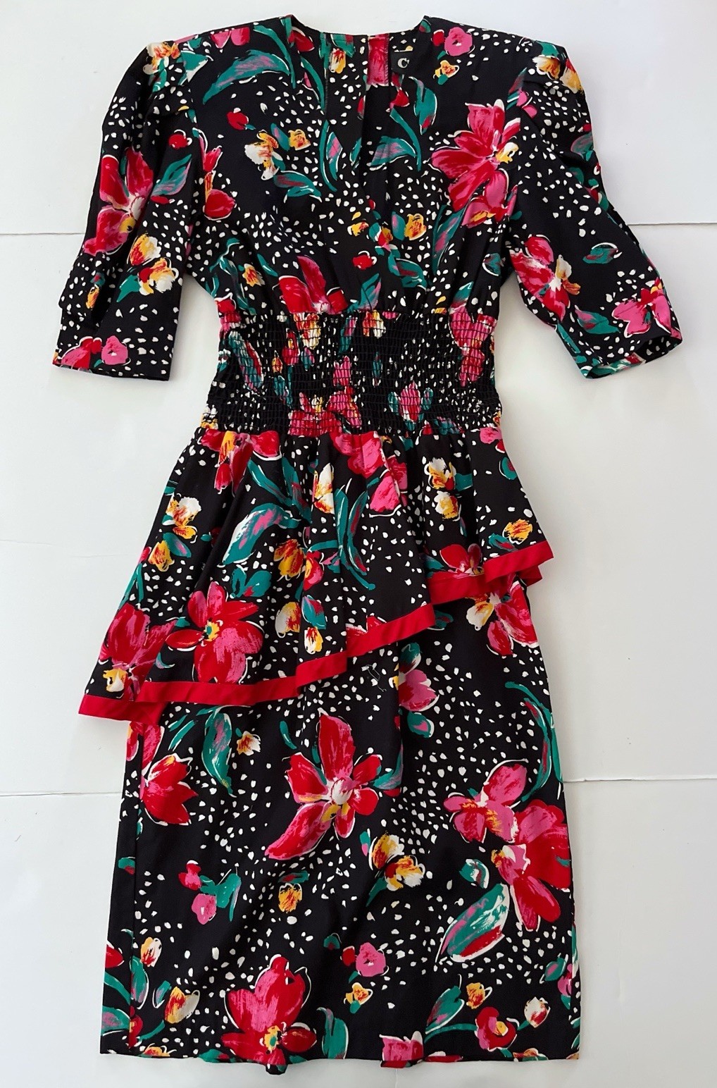 Vtg 80s Choon California USA Dress Women 6 Black Floral Print Peplum Cotton