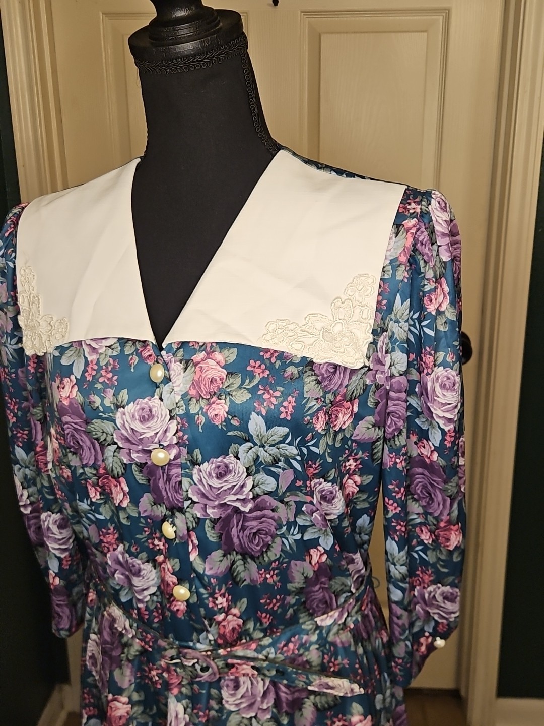 Cottagecore Vtg 80s Whirlaway Frocks Dark Floral Midi Dress 16P Prairie Modest