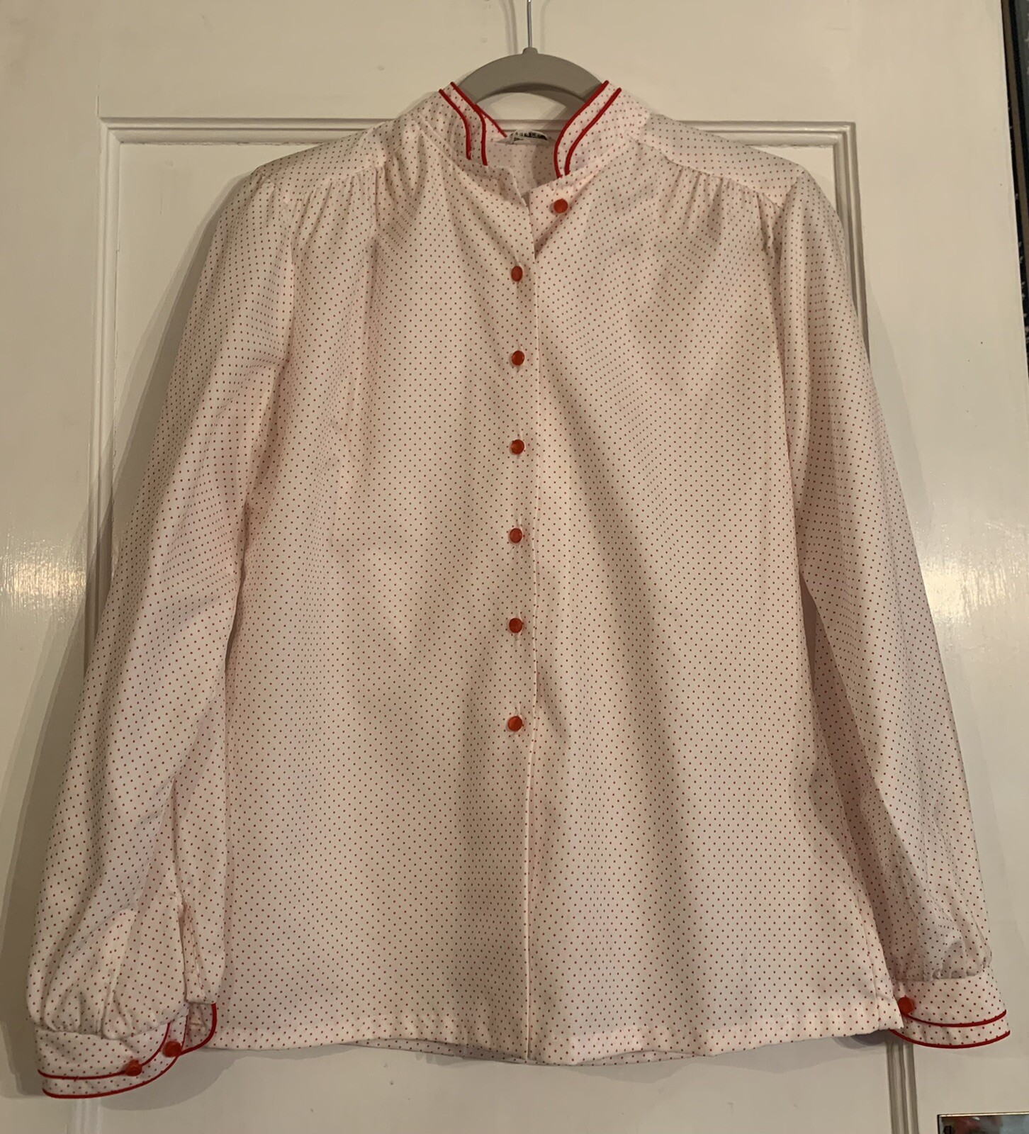 Vtg Gailord Womens Blouse Button Down L ? Creamy Off White Red Polka Dots