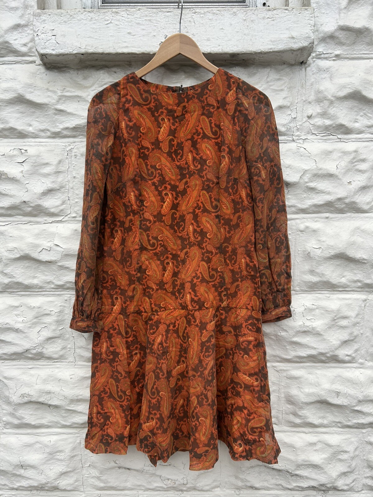 Vintage 1970’s Drop Waist Pleated Dress Women’s Orange Paisley Hippy Paychdelic