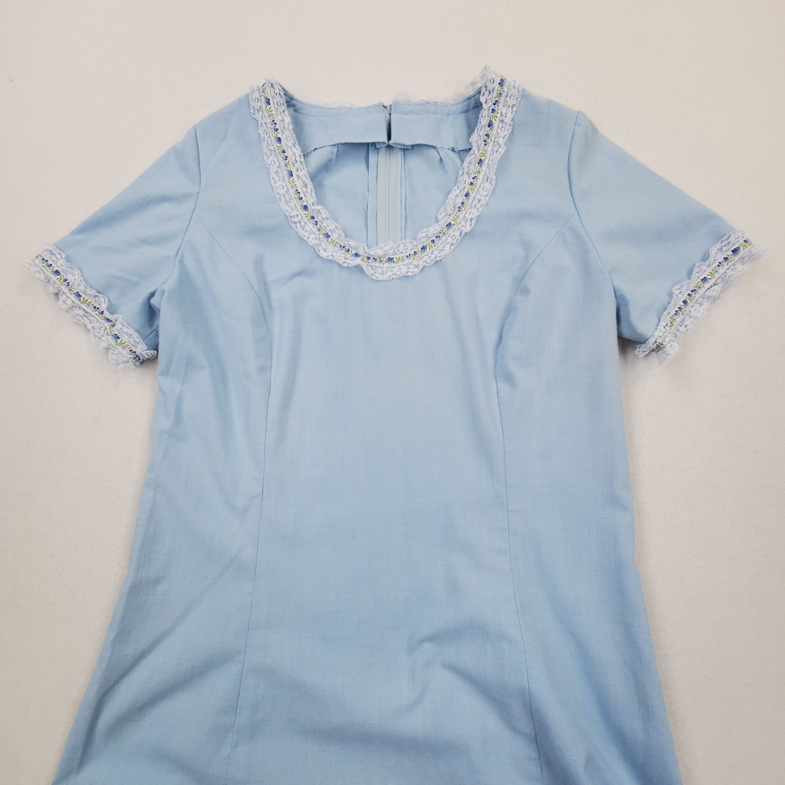60s Lace Trim Maxi Dress XS Empire Waist Mod Regency Jane Austen Bridgerton Blue