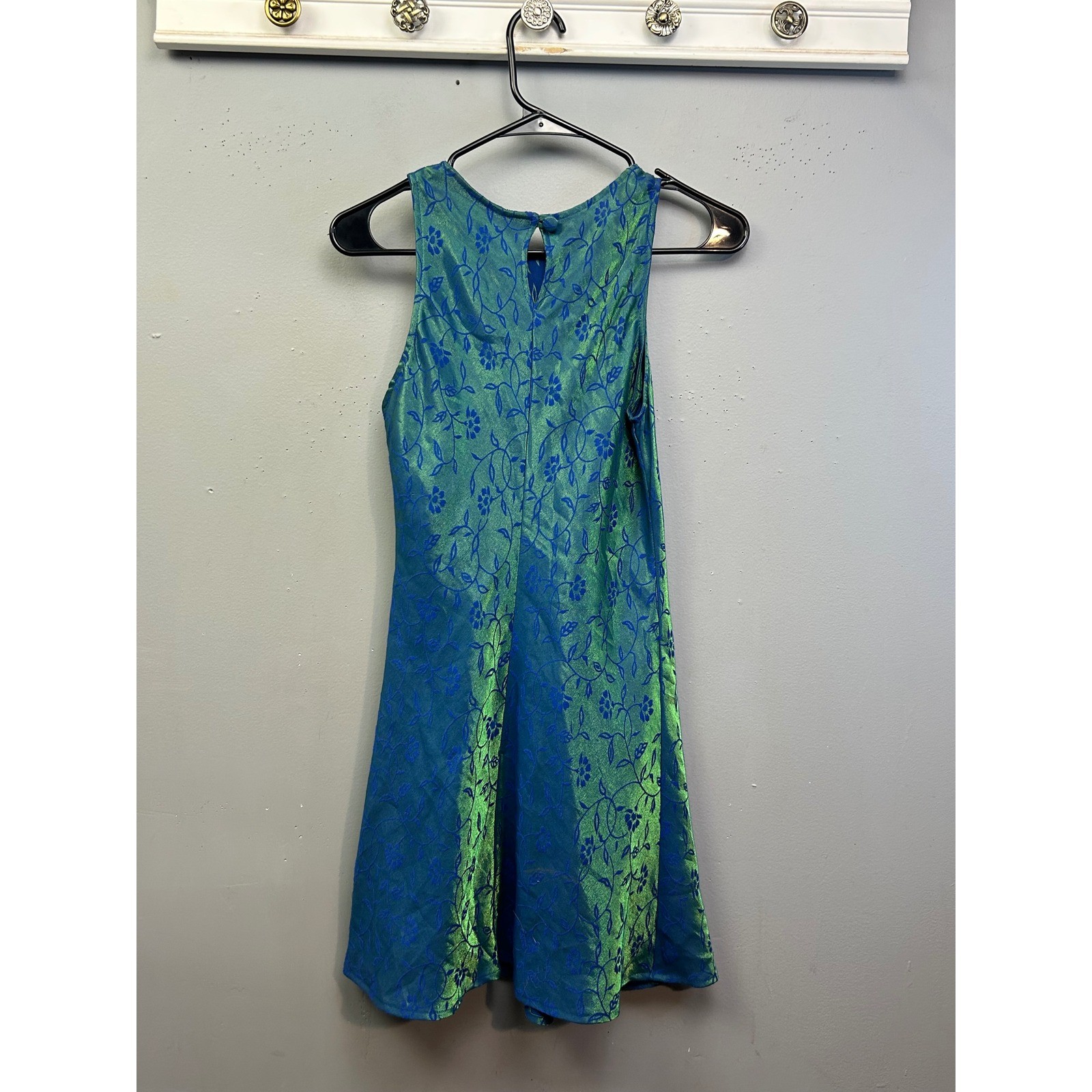 All That Jazz Dress Womens 3/4 Blue Green Iridescent Floral Shimmer Vintage Mini