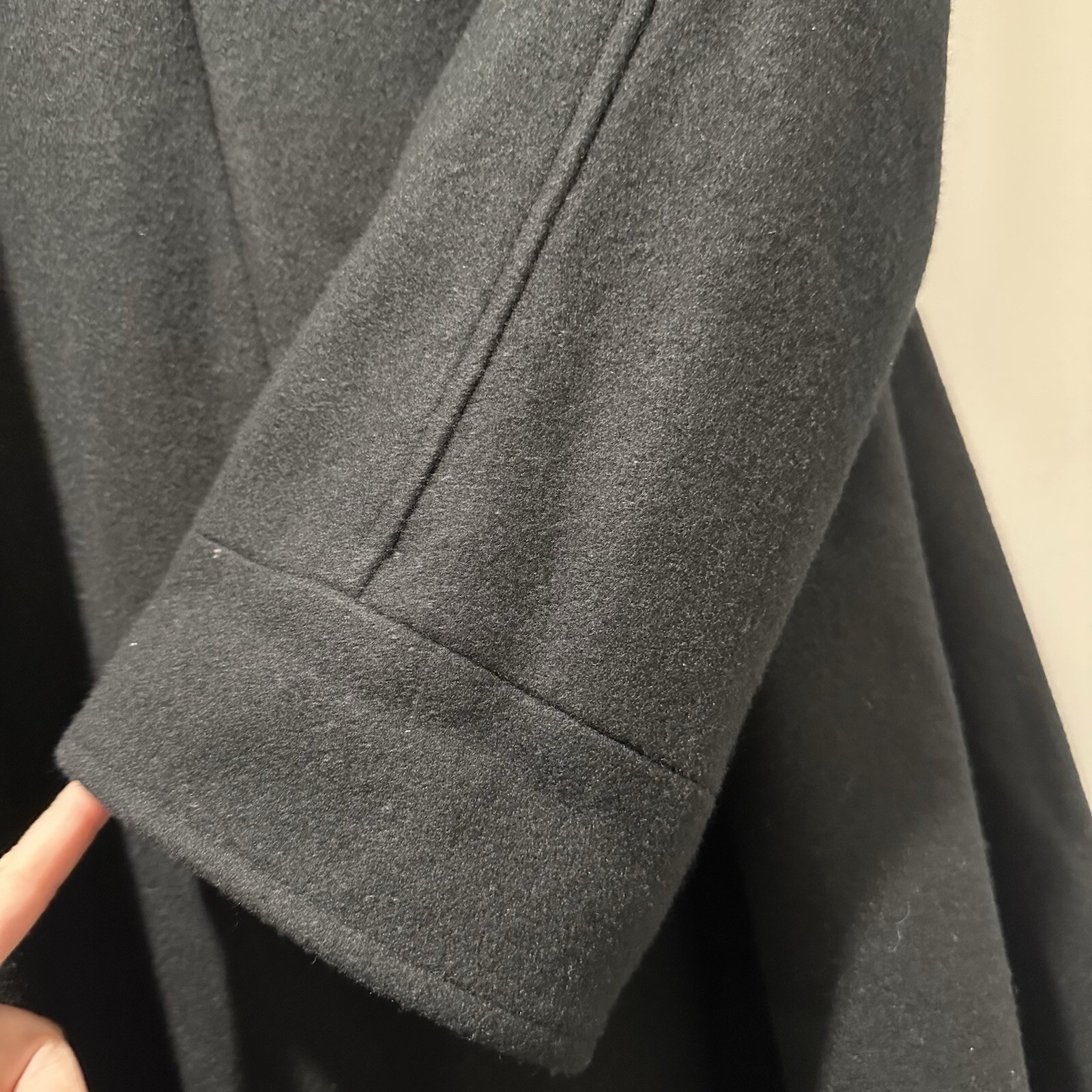 Stephanie Mathews Vintage Black 100% Wool Swing Coat Velvet Trim Made in USA