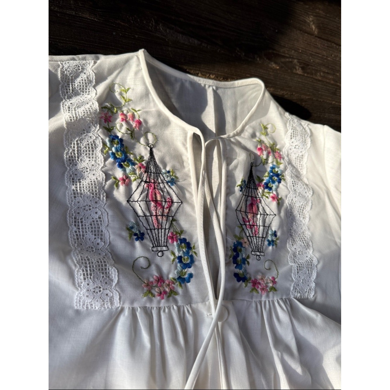Sears Vintage embroidered bird floral cotton gown and duster set NWOT small