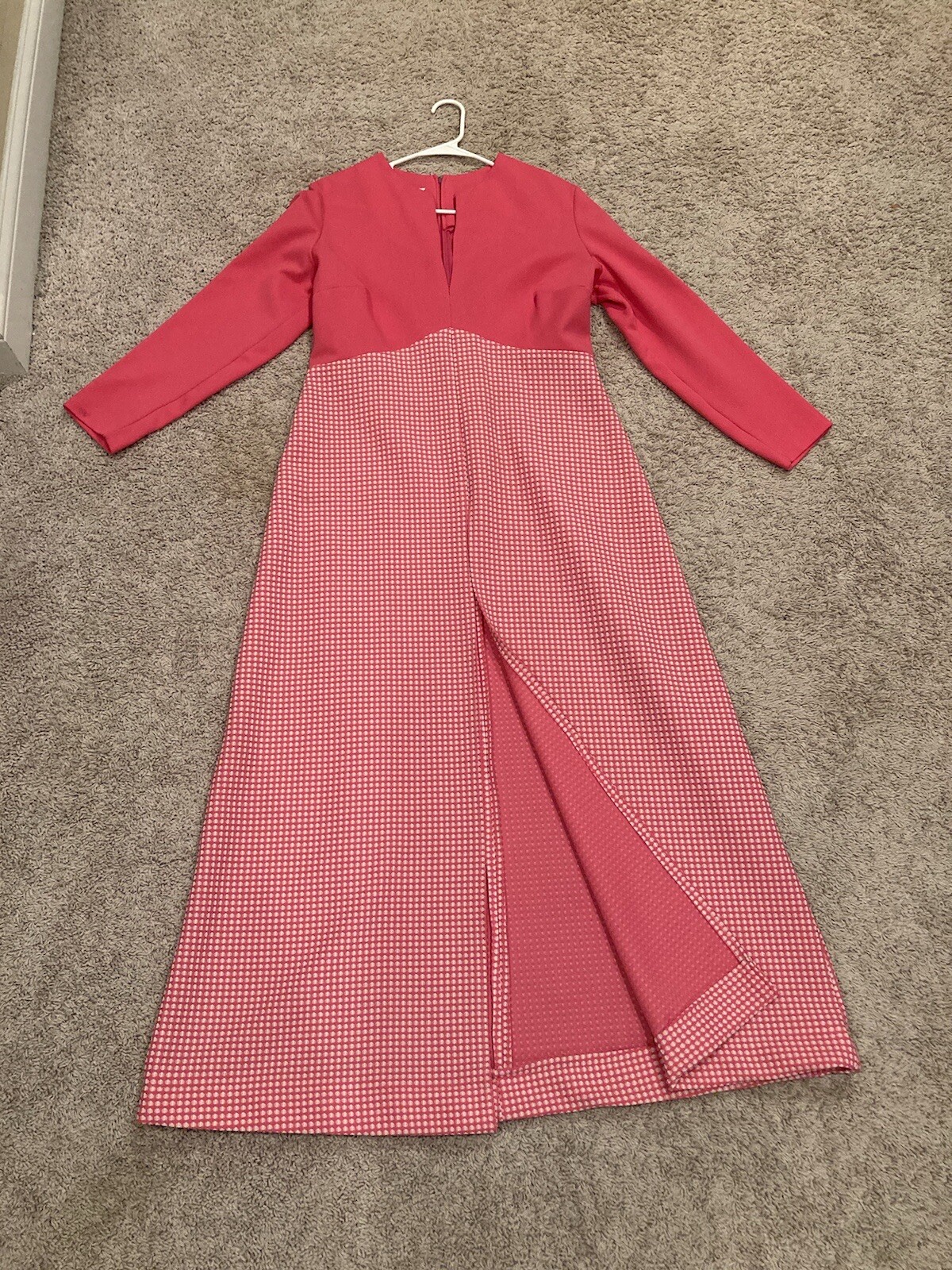 VINTAGE PURITAN FOREVER YOUNG 1970’S PINK CHECKED LONG SLEEVE MAXI DRESS – M