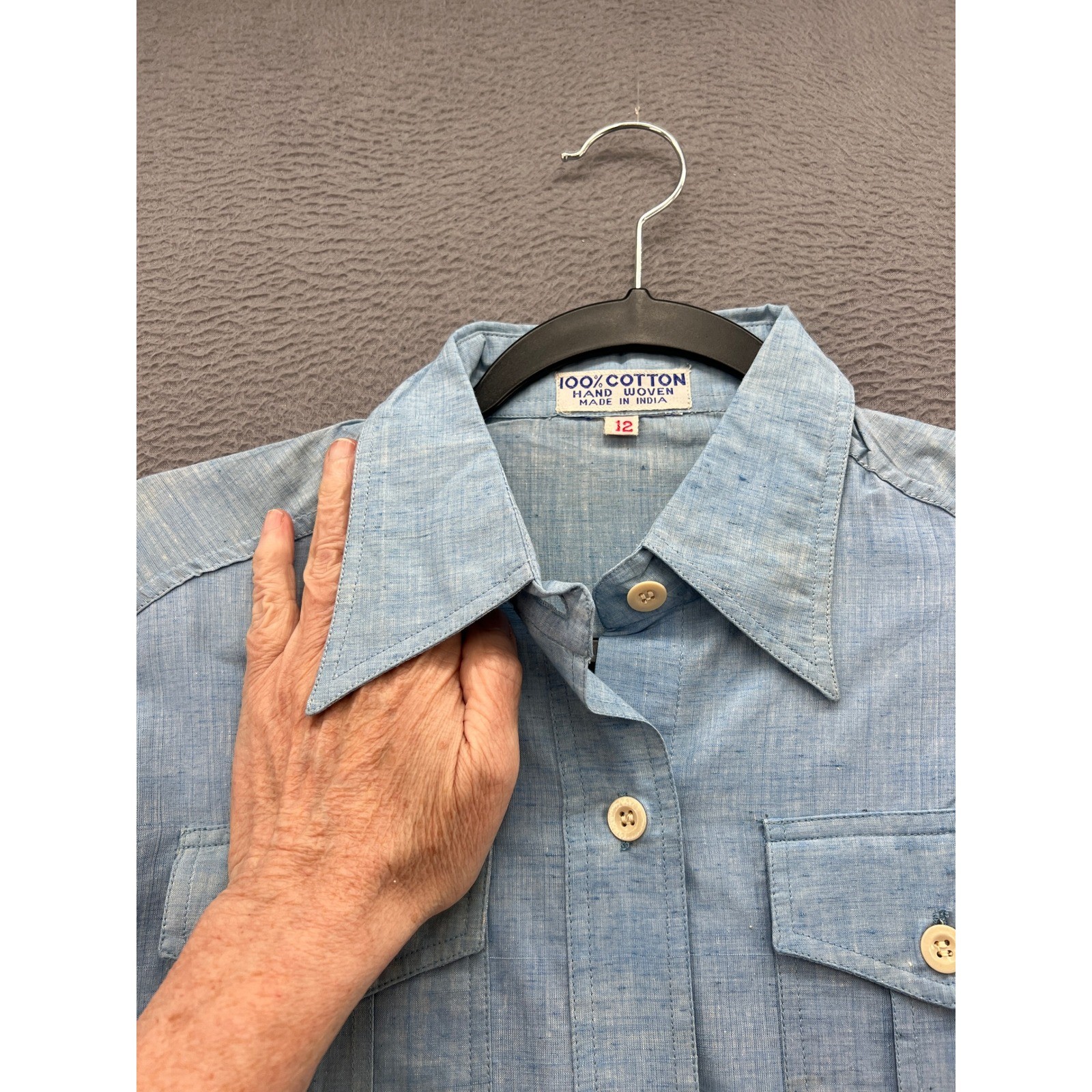 Vintage Hand Woven Cotton Safari Shirt Light Blue D-Ring Utility Jacket Size 12
