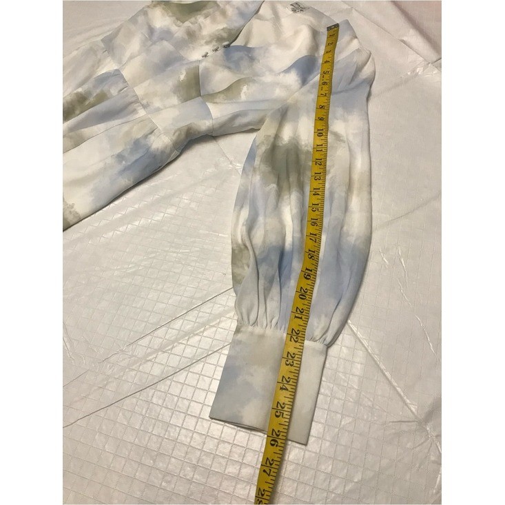 Petite Studio Pastel Blue Olive Tie-Dye V-Neck Midi Dress Puff Sleeve Sz S