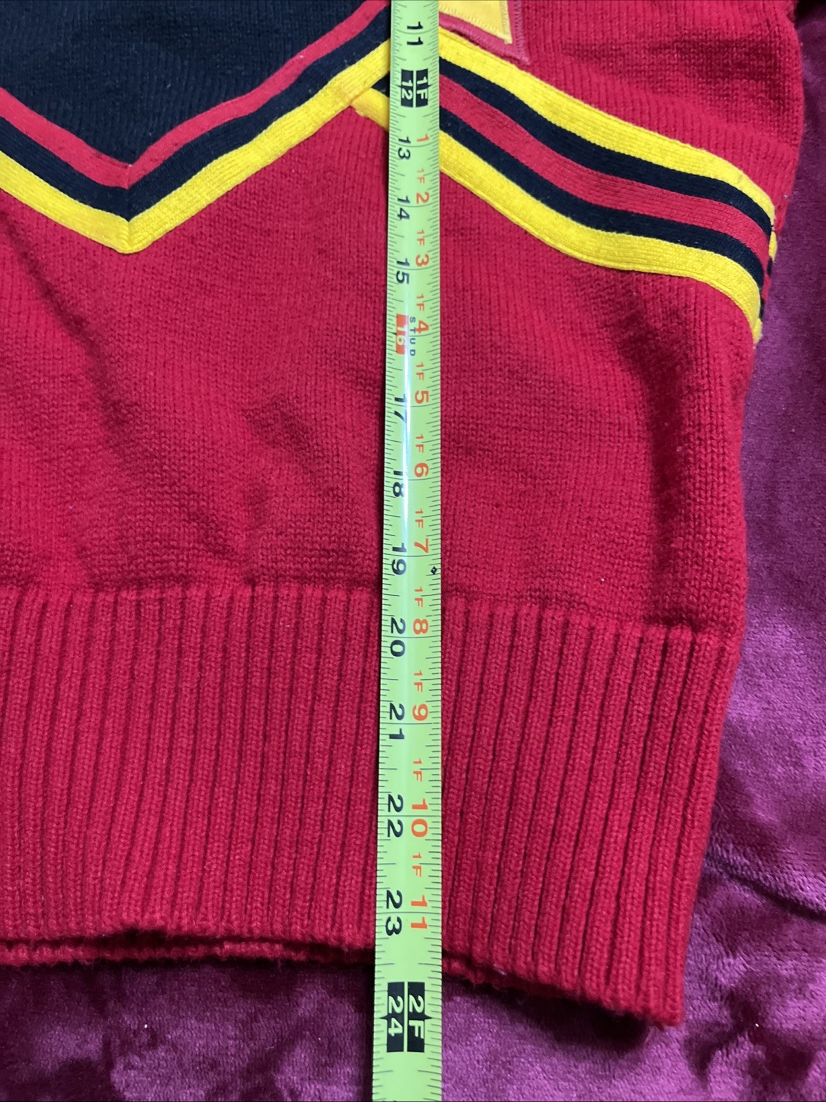 Vintage 80s Cheerleader Knit Sweater Red Black Gold Striped USA Made Medium