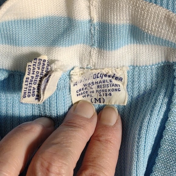 Vintage 70’s Light Blue w/White Stripes Short Sleeve Cardigan w/ Faux Tank – M