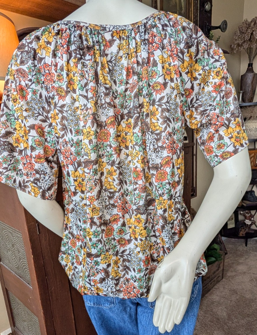 Vtg 70sBohemian Boho botanical floral Festival top shirt short sleeve Orbit L