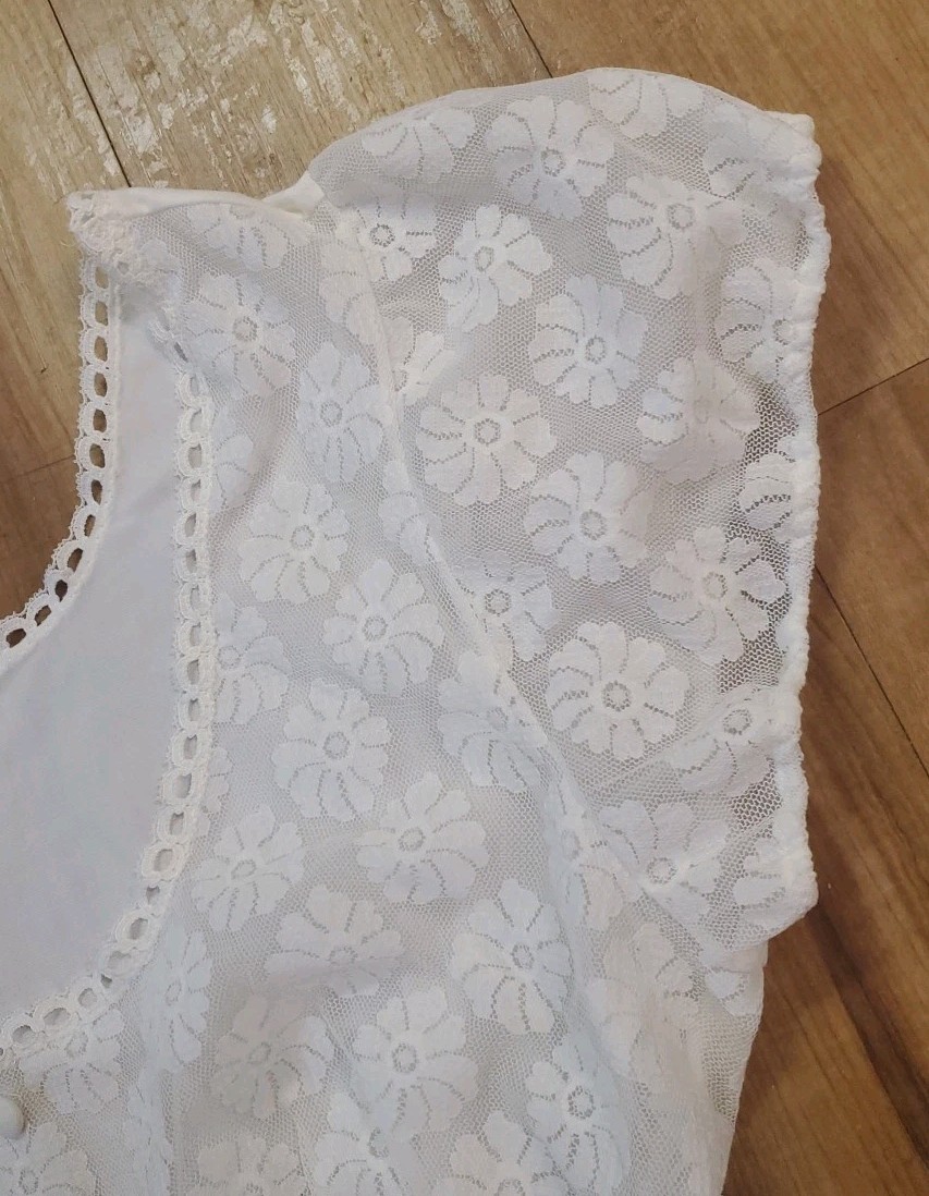 Vintage Penneys Gaymode Short Sleeve White Floral Long Night Gown Large *FLAWS