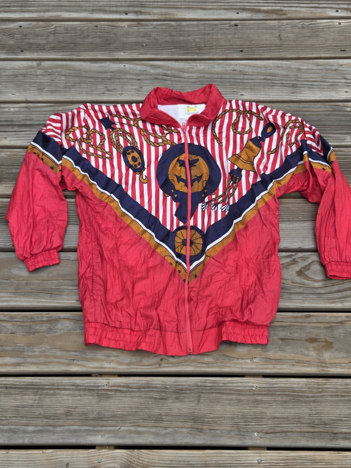 South Harbor 80s Nautical Jacket Windbreaker Sailor Rope Coastal Anchor Print S