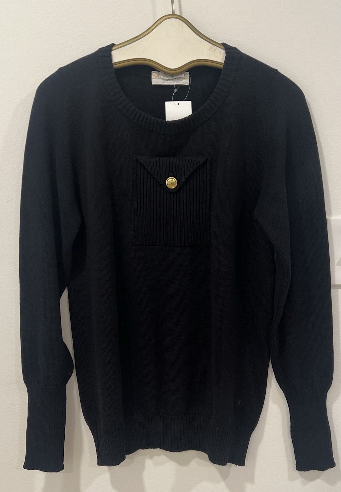 CHANEL Navy Cotton Sweater Gold Crest Button CC Logo Scotland Saks S
