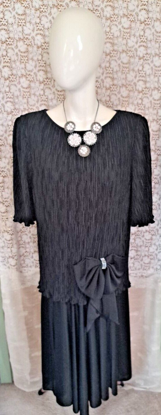 After Dark Black Drop Waist Dress Size 12 Elbow Length Sleeves Shoulder Pads