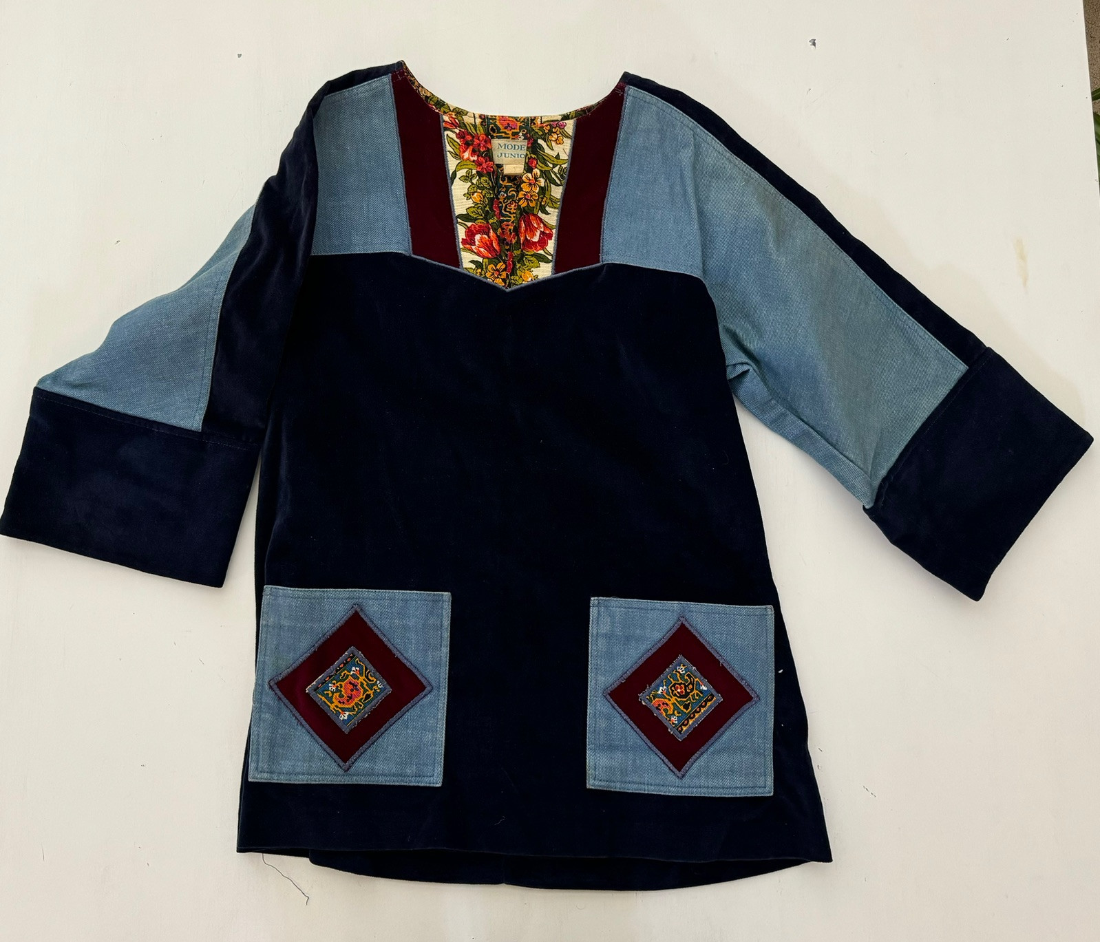 Vintage Modern Juniors Denim & Velvet 1960s 70s Top Tunic Size Medium
