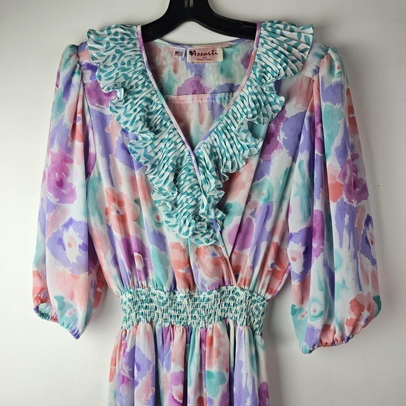 80s Vintage Assorti by Susan Freis Pastel Ruffle Bodice Dress Small Ruffle LS