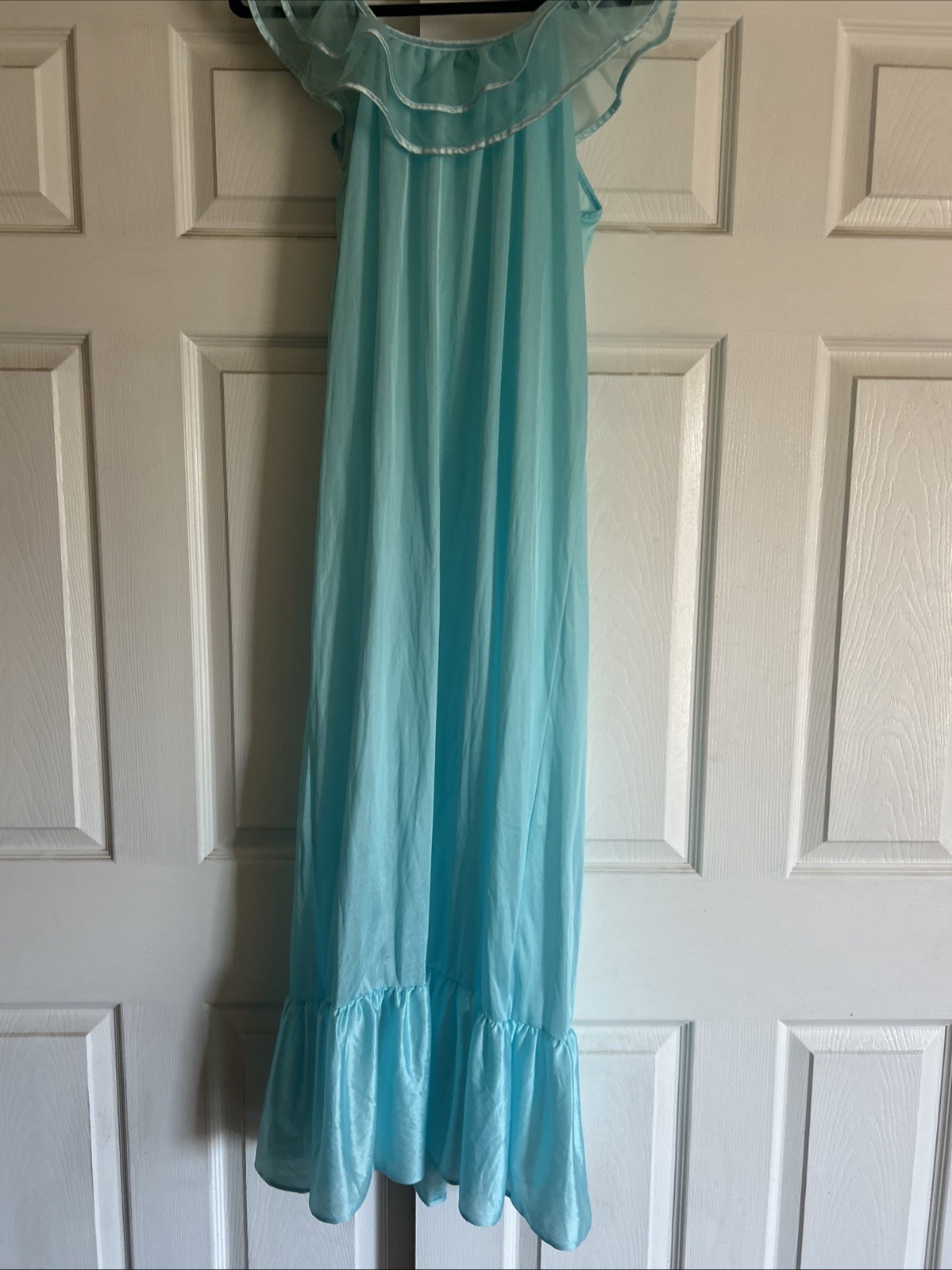 Vintage Spotlight M Nightgown USA Sheer Ruffled Neck W/Bow Ruffled Hem Icy Blue