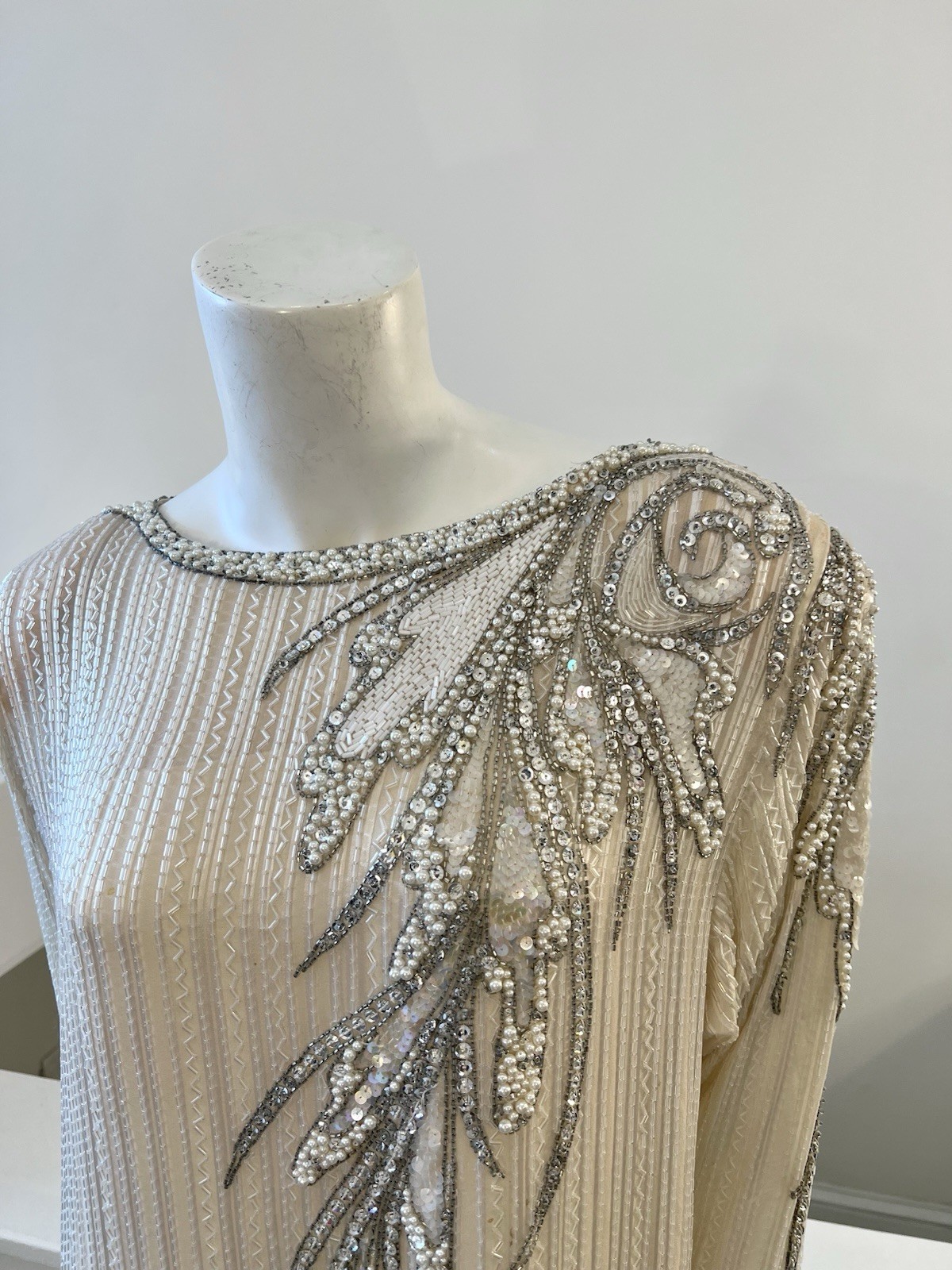 1980s BOB MACKIE Cream & Silver Beaded Silk Evening Dress Size 12