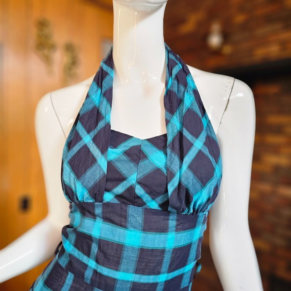Vtg 1950s Shelf Bust Halter Windowpane Plaid Rockabilly Sundress Day Dress XS/S