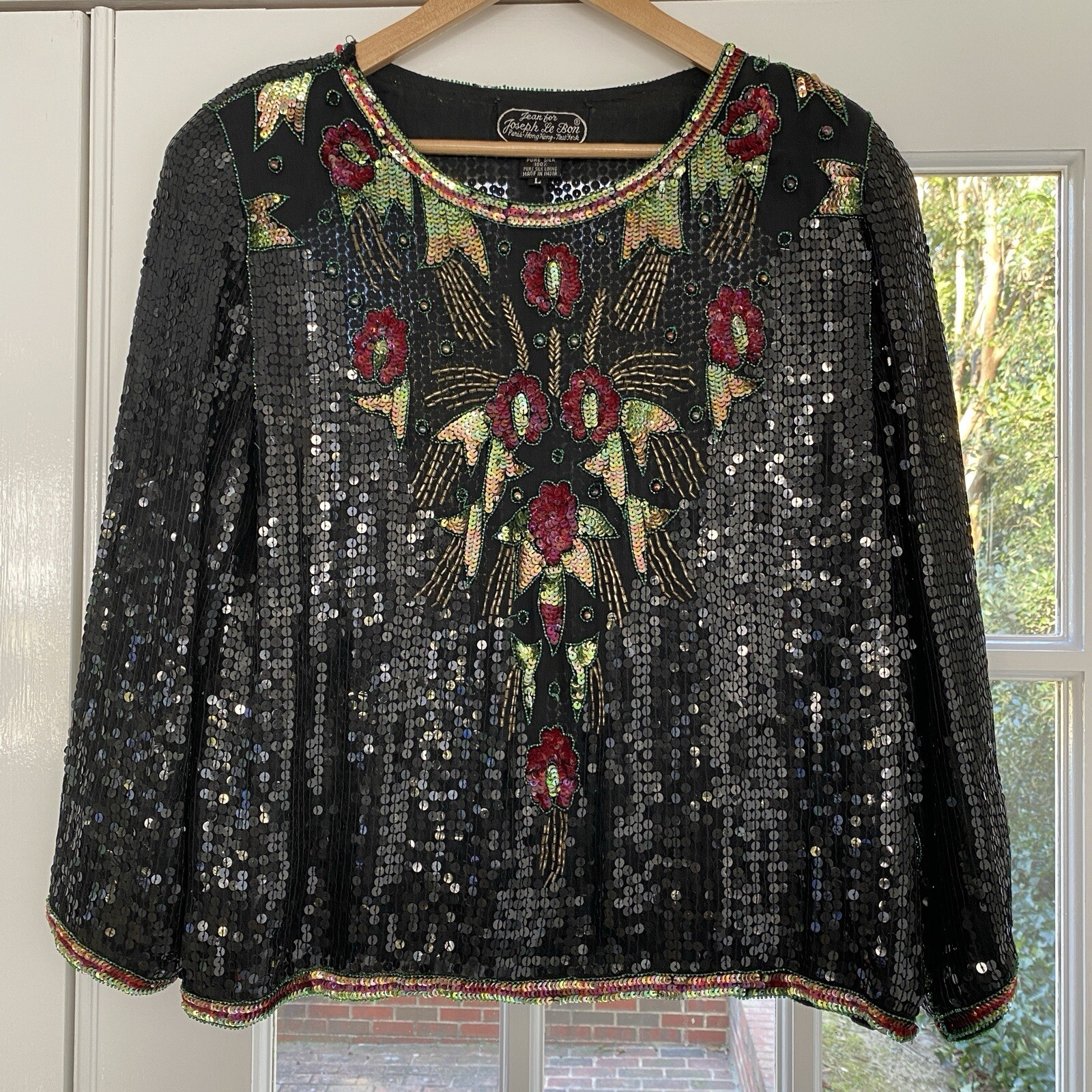 Jean for Joseph Le Bon Silk Floral Sequin Beaded Formal Blouse 1980s Size L